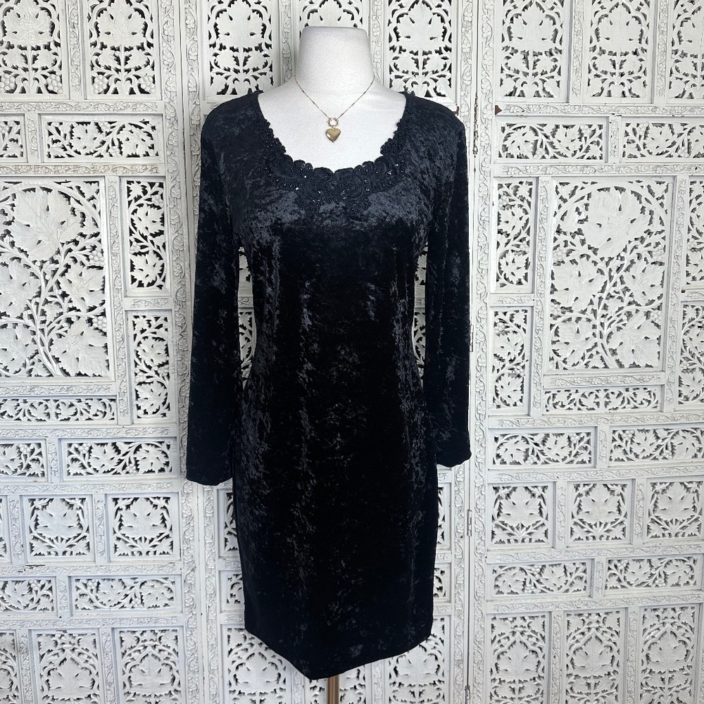 Vintage Black‎ Velvet Witchy Whimsygoth Fairy Beaded Long Sleeve Dress Sz Medium